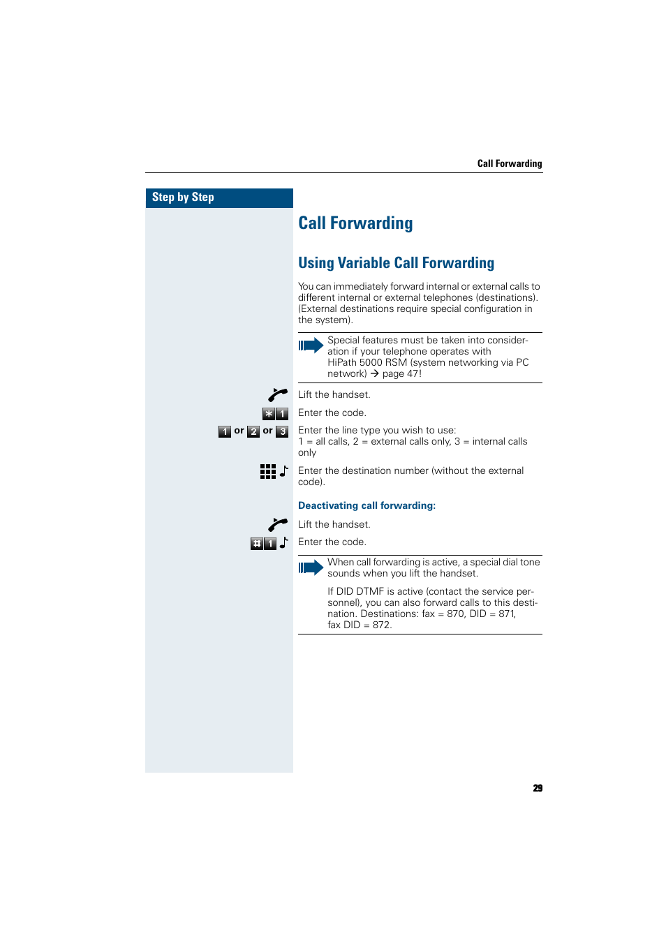 Call forwarding, Using variable call forwarding, Deactivating call forwarding | Siemens HiPath 5000 RSM User Manual | Page 29 / 62