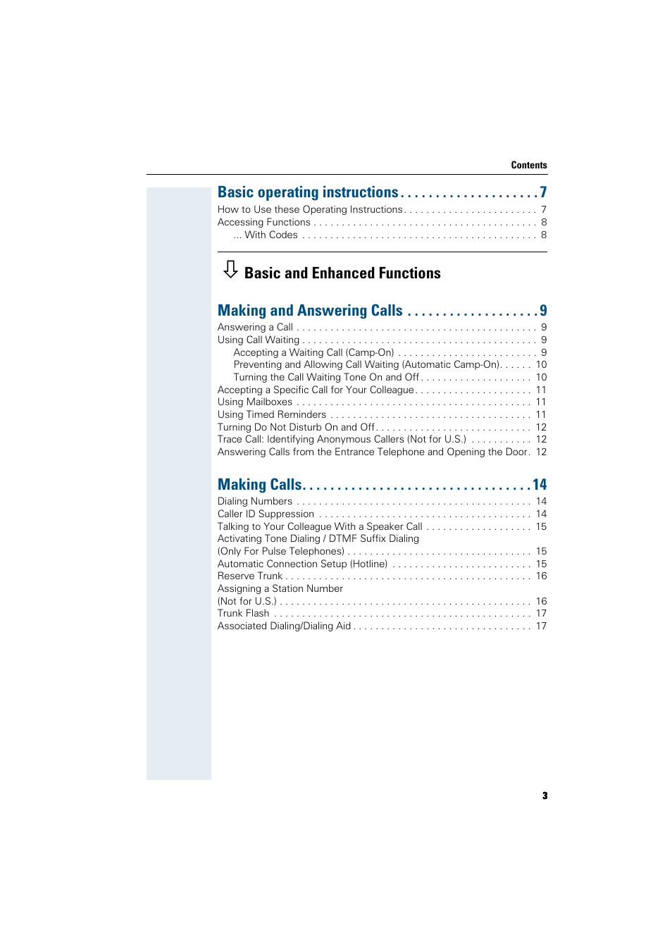 Basic operating instructions 7, Basic and enhanced functions, Making and answering calls 9 | Making calls 14, Basic operating instructions, Making calls | Siemens HiPath 5000 RSM User Manual | Page 3 / 62