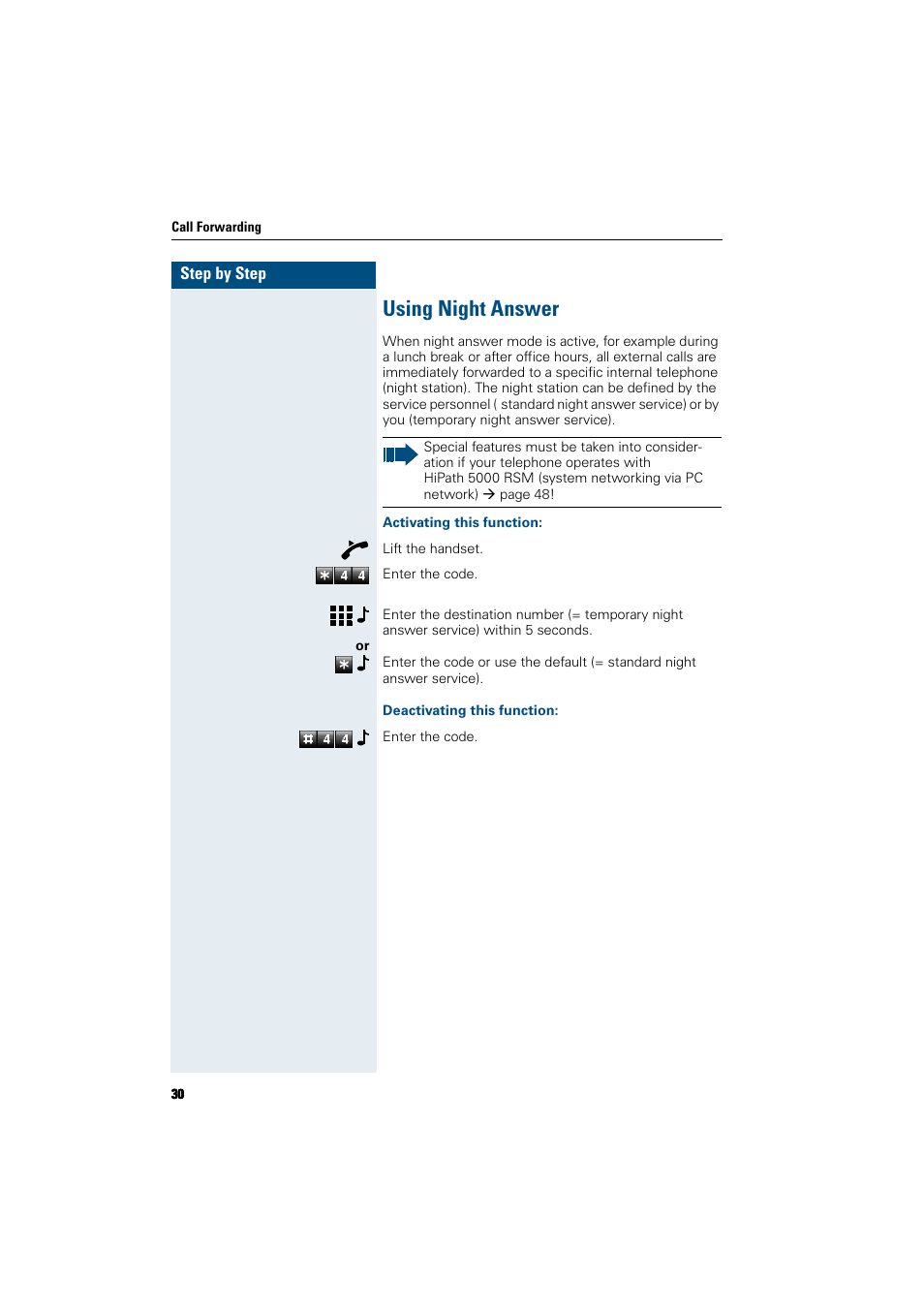 Using night answer, Activating this function, Deactivating this function | Siemens HiPath 5000 RSM User Manual | Page 30 / 62