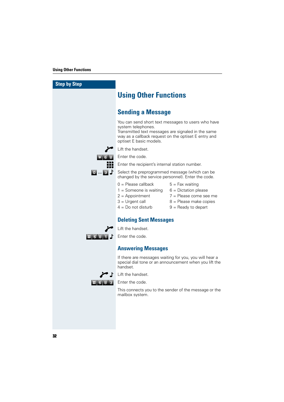 Using other functions, Sending a message, Deleting sent messages | Answering messages, Deleting sent messages answering messages | Siemens HiPath 5000 RSM User Manual | Page 32 / 62