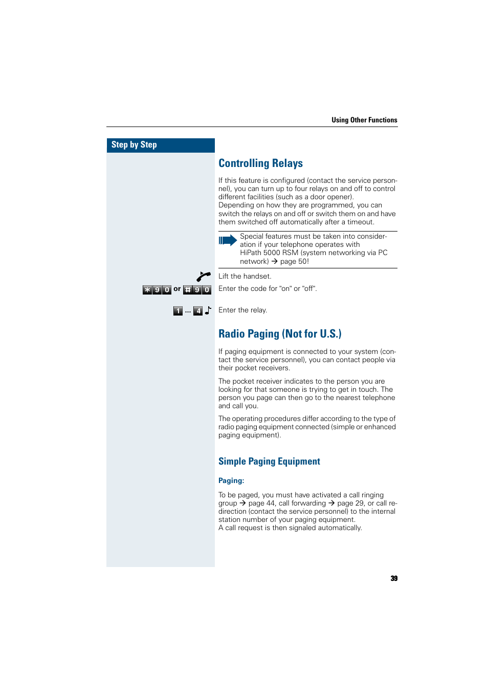 Controlling relays, Radio paging (not for u.s.), Simple paging equipment | Paging, Controlling relays radio paging (not for u.s.) | Siemens HiPath 5000 RSM User Manual | Page 39 / 62