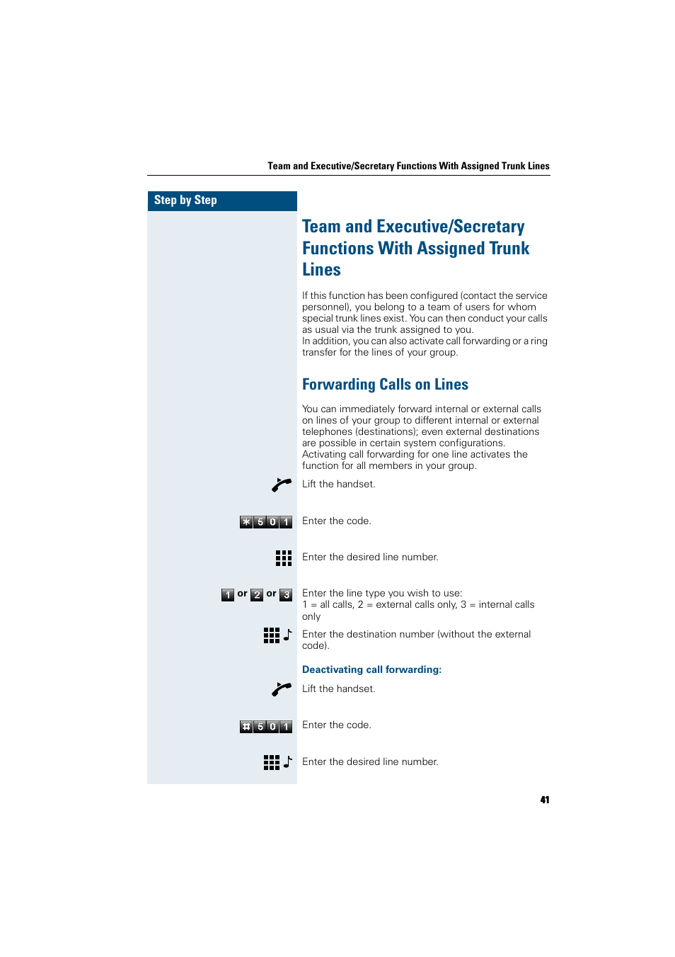 Forwarding calls on lines, Deactivating call forwarding | Siemens HiPath 5000 RSM User Manual | Page 41 / 62