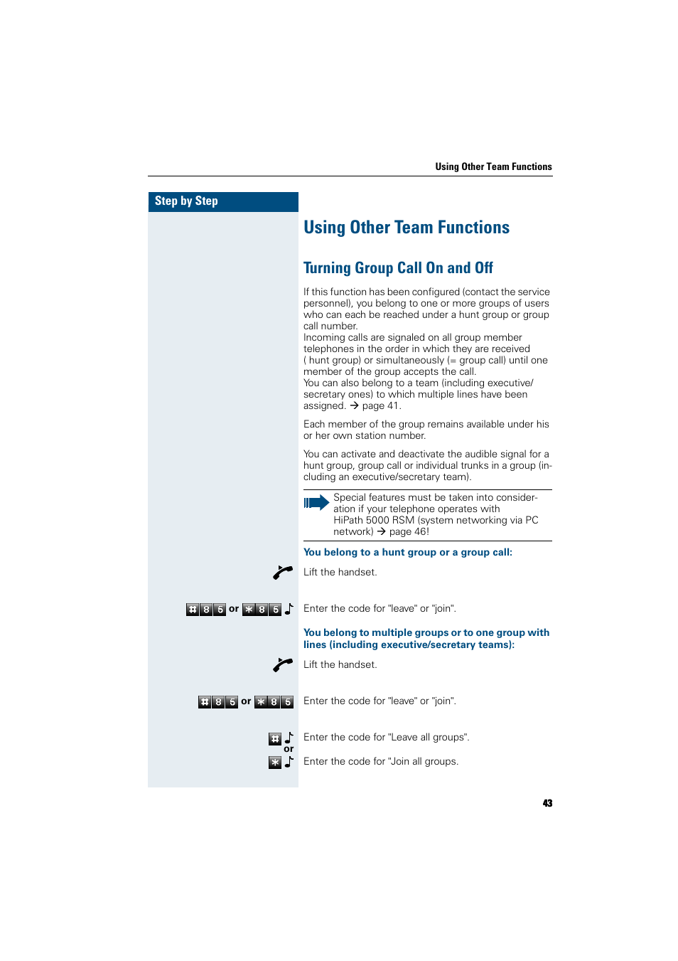 Using other team functions, Turning group call on and off, You belong to a hunt group or a group call | Siemens HiPath 5000 RSM User Manual | Page 43 / 62