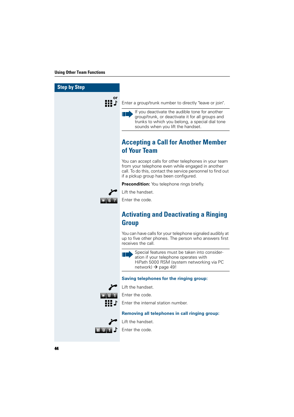 Accepting a call for another member of your team, Activating and deactivating a ringing group, Saving telephones for the ringing group | Removing all telephones in call ringing group | Siemens HiPath 5000 RSM User Manual | Page 44 / 62