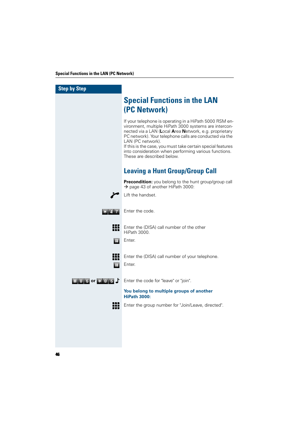 Special functions in the lan (pc network), Leaving a hunt group/group call | Siemens HiPath 5000 RSM User Manual | Page 46 / 62