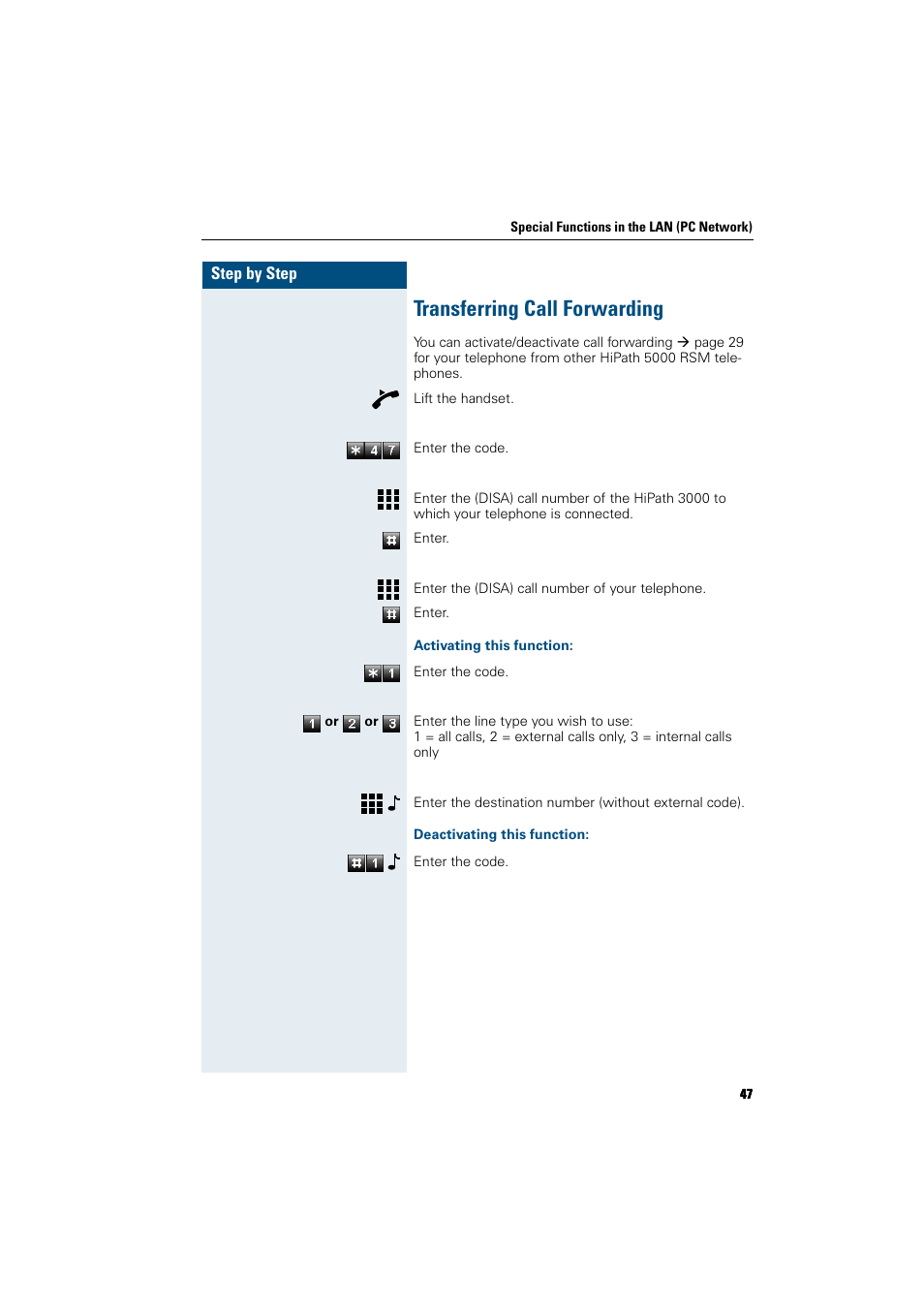 Transferring call forwarding, Activating this function, Deactivating this function | Siemens HiPath 5000 RSM User Manual | Page 47 / 62