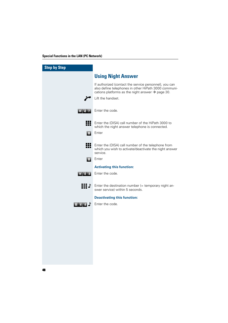 Using night answer, Activating this function, Deactivating this function | Siemens HiPath 5000 RSM User Manual | Page 48 / 62