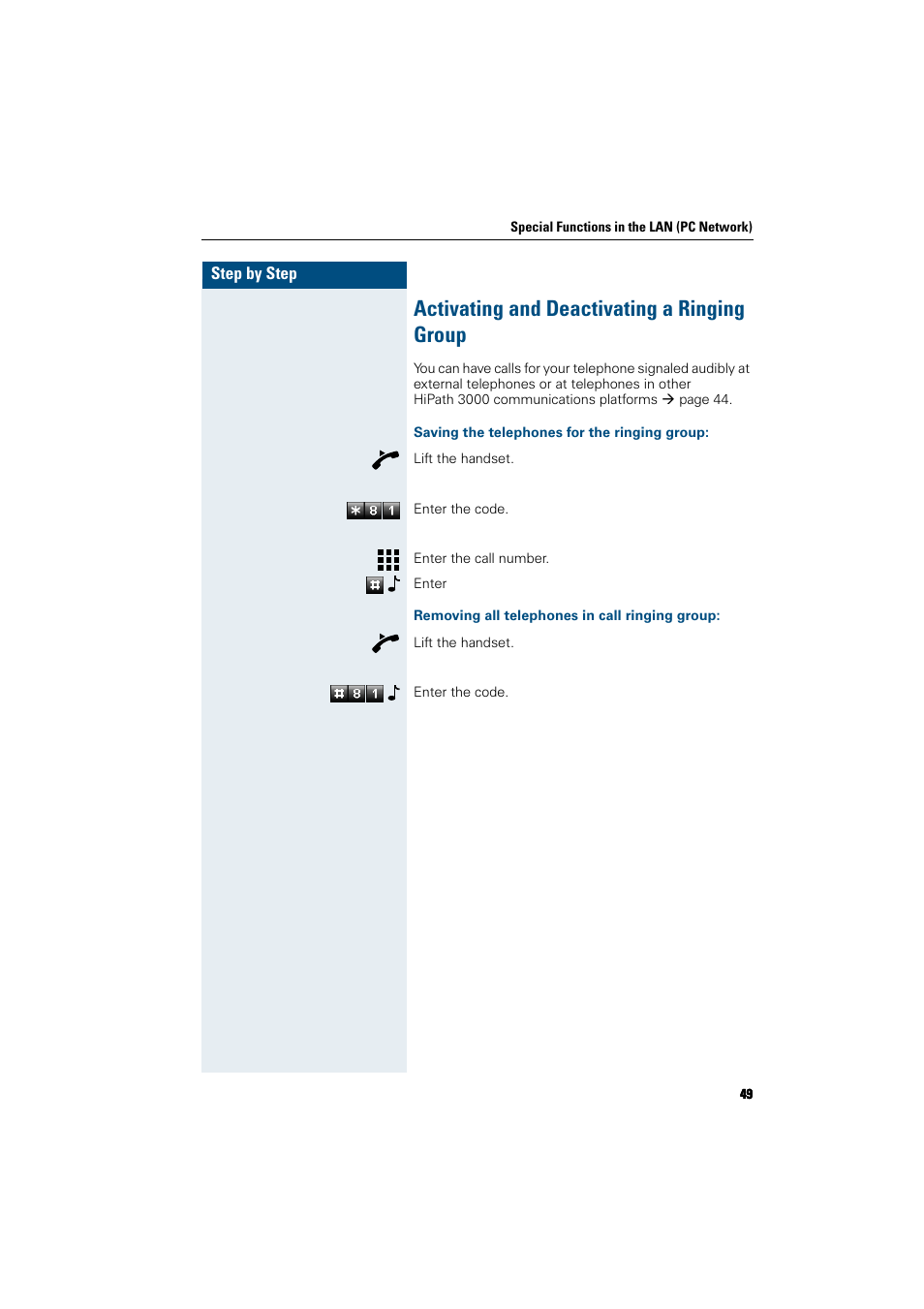 Activating and deactivating a ringing group, Saving the telephones for the ringing group, Removing all telephones in call ringing group | Siemens HiPath 5000 RSM User Manual | Page 49 / 62