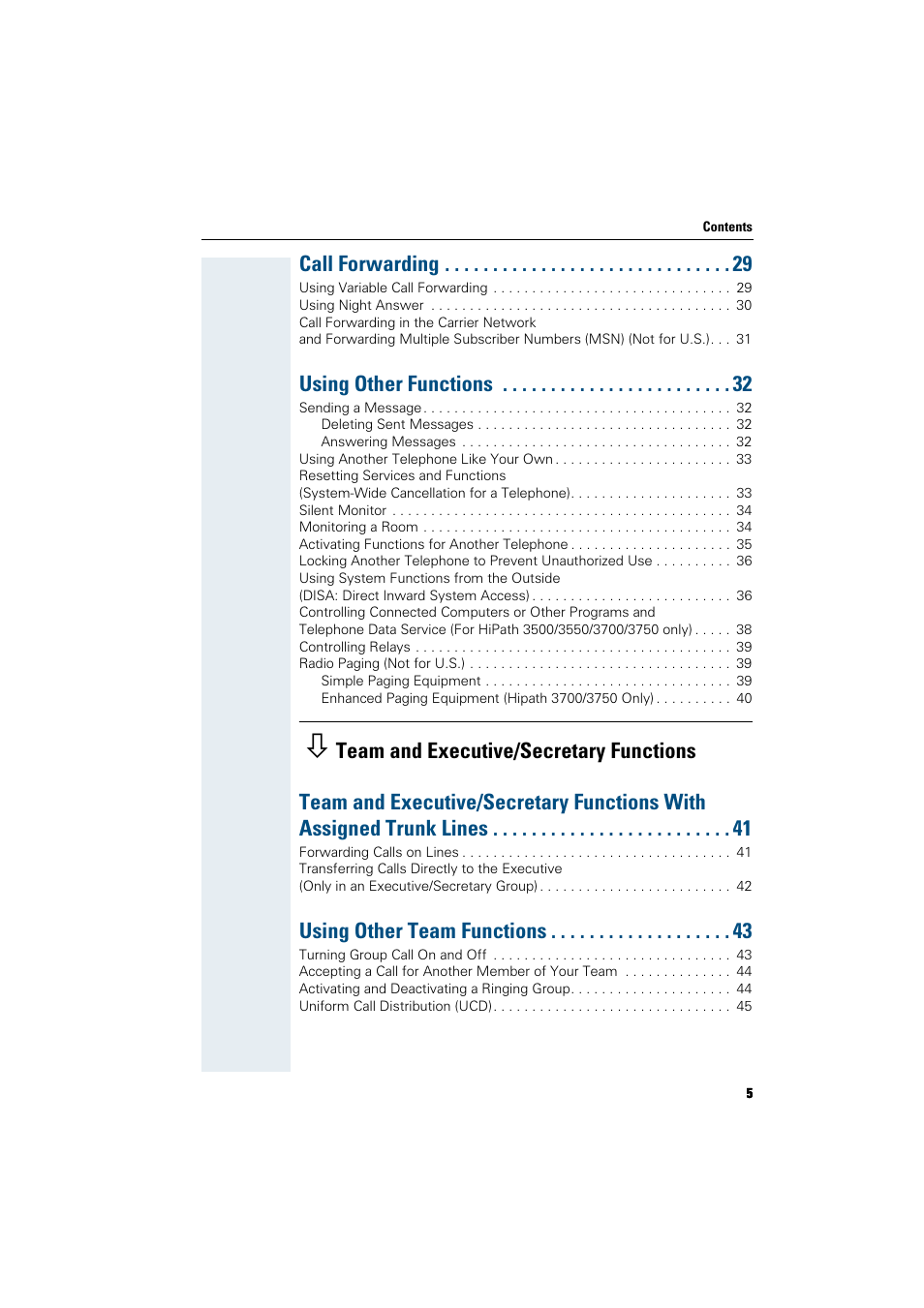 Call forwarding 29, Using other functions 32, Team and executive/secretary functions | Using other team functions 43, Call forwarding, Using other functions, Using other team functions | Siemens HiPath 5000 RSM User Manual | Page 5 / 62