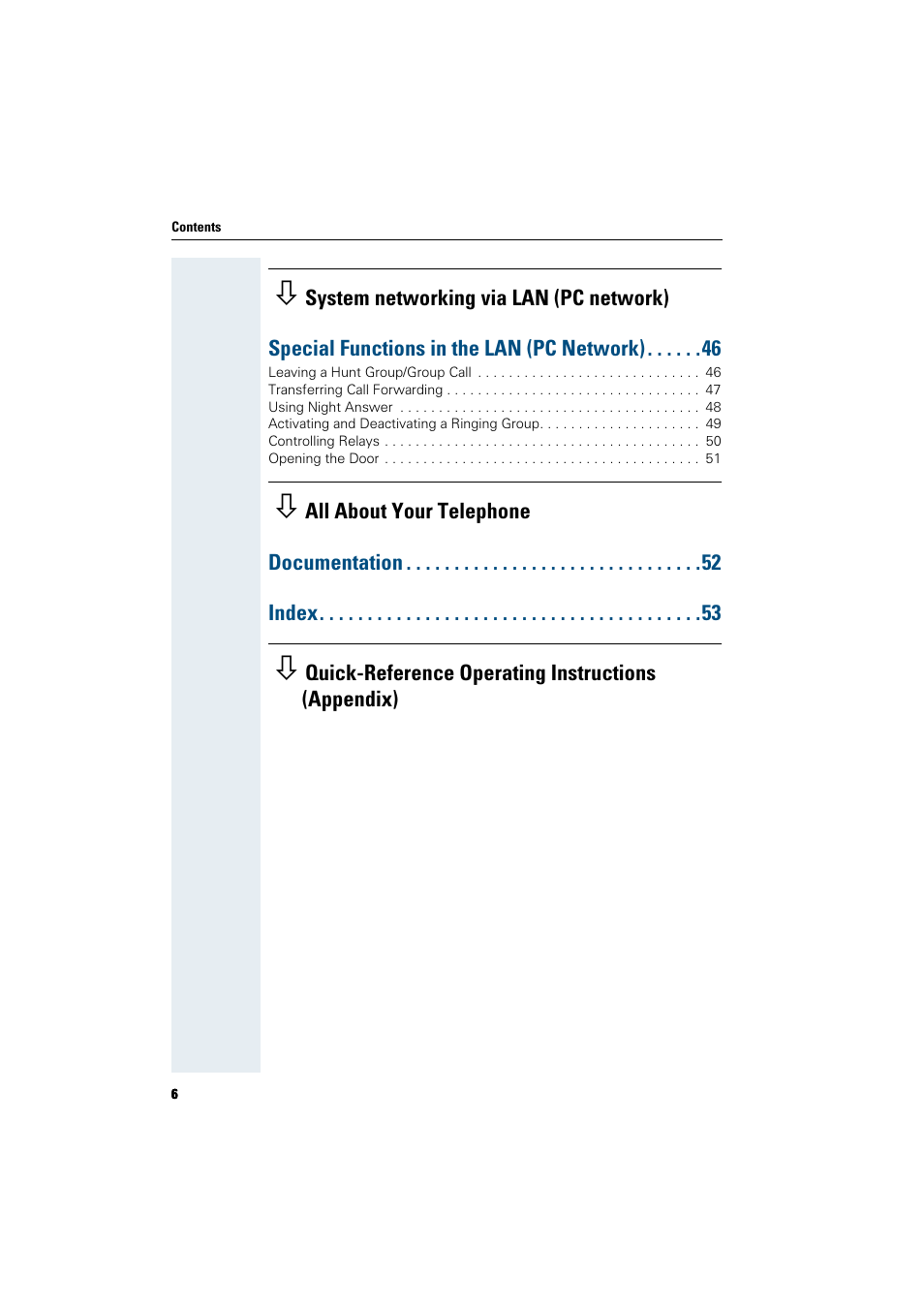 System networking via lan (pc network), Special functions in the lan (pcnetwork) 46, All about your telephone | Documentation 52, Index 53 | Siemens HiPath 5000 RSM User Manual | Page 6 / 62