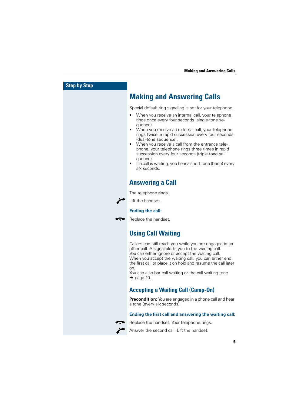 Making and answering calls, Answering a call, Ending the call | Using call waiting, Accepting a waiting call (camp-on), Answering a call using call waiting | Siemens HiPath 5000 RSM User Manual | Page 9 / 62