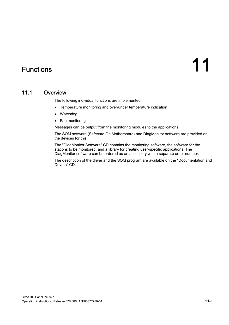 11 functions, 1 overview, Functions | Siemens SIMATIC PANEL PC 877 User Manual | Page 109 / 288