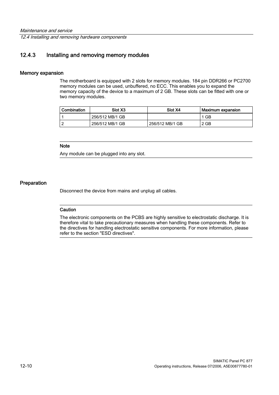 3 installing and removing memory modules | Siemens SIMATIC PANEL PC 877 User Manual | Page 124 / 288