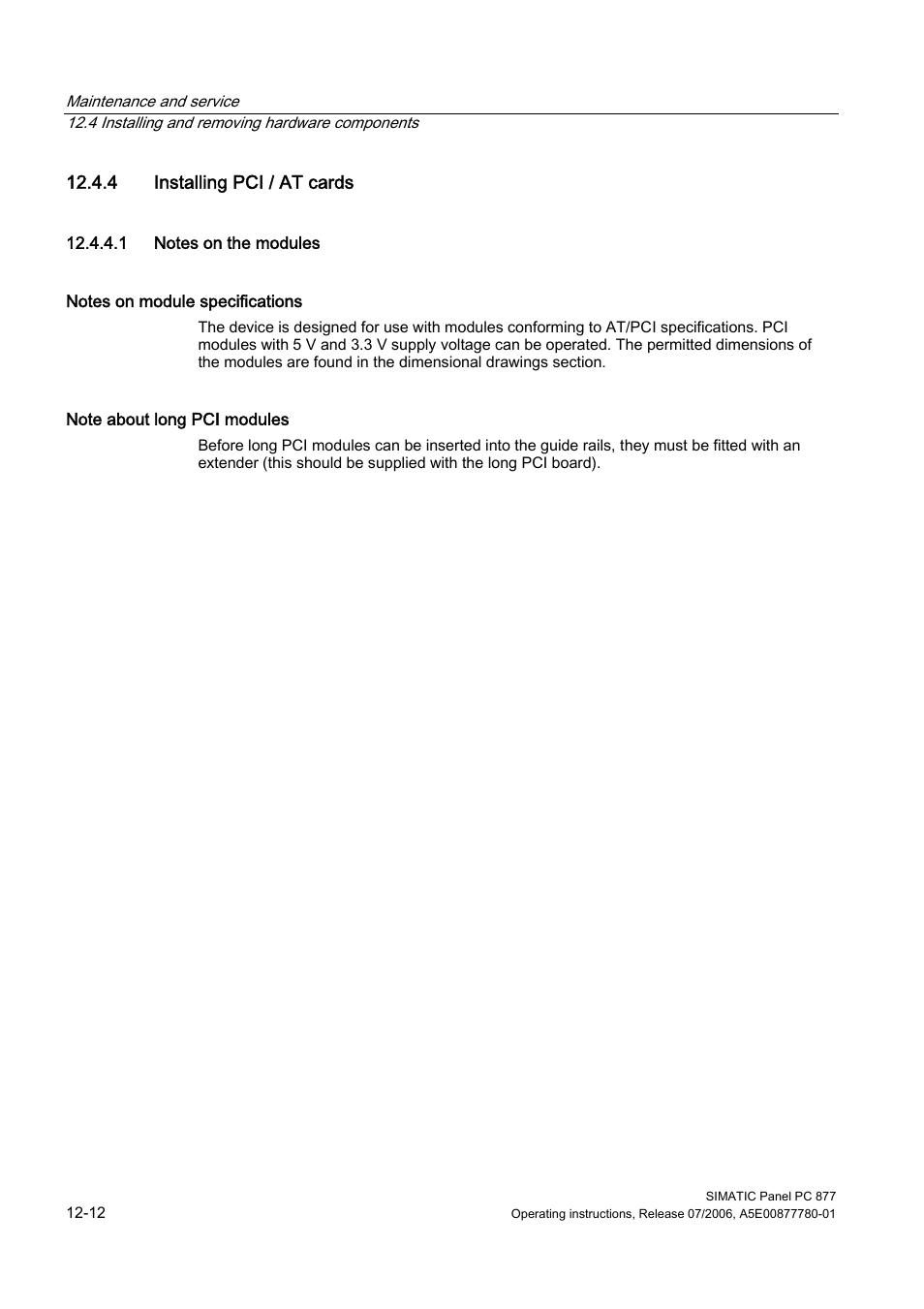 4 installing pci / at cards, 1 notes on the modules | Siemens SIMATIC PANEL PC 877 User Manual | Page 126 / 288