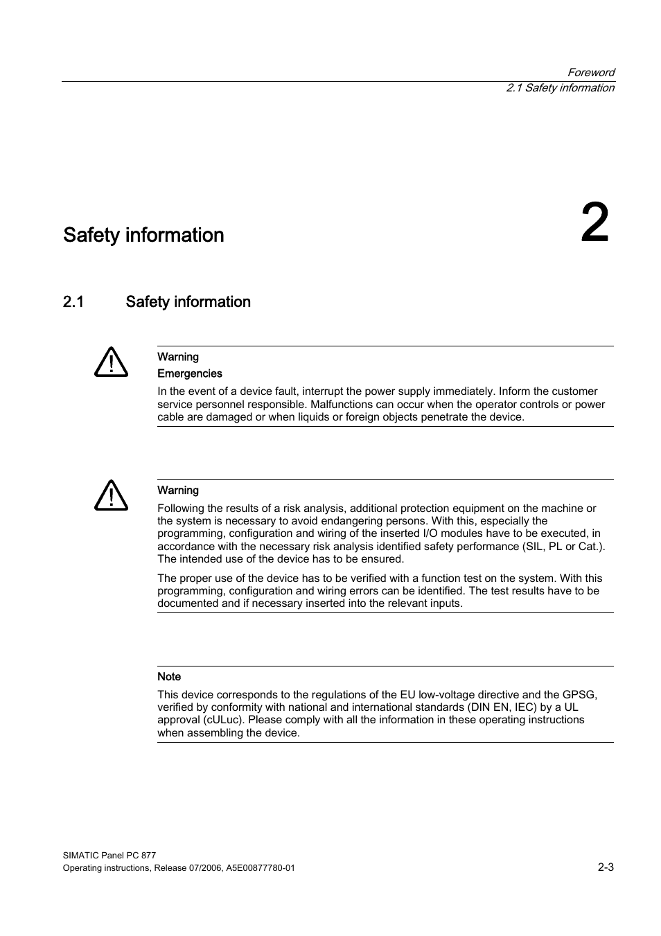 2 safety information, 1 safety information, Safety information | Siemens SIMATIC PANEL PC 877 User Manual | Page 13 / 288