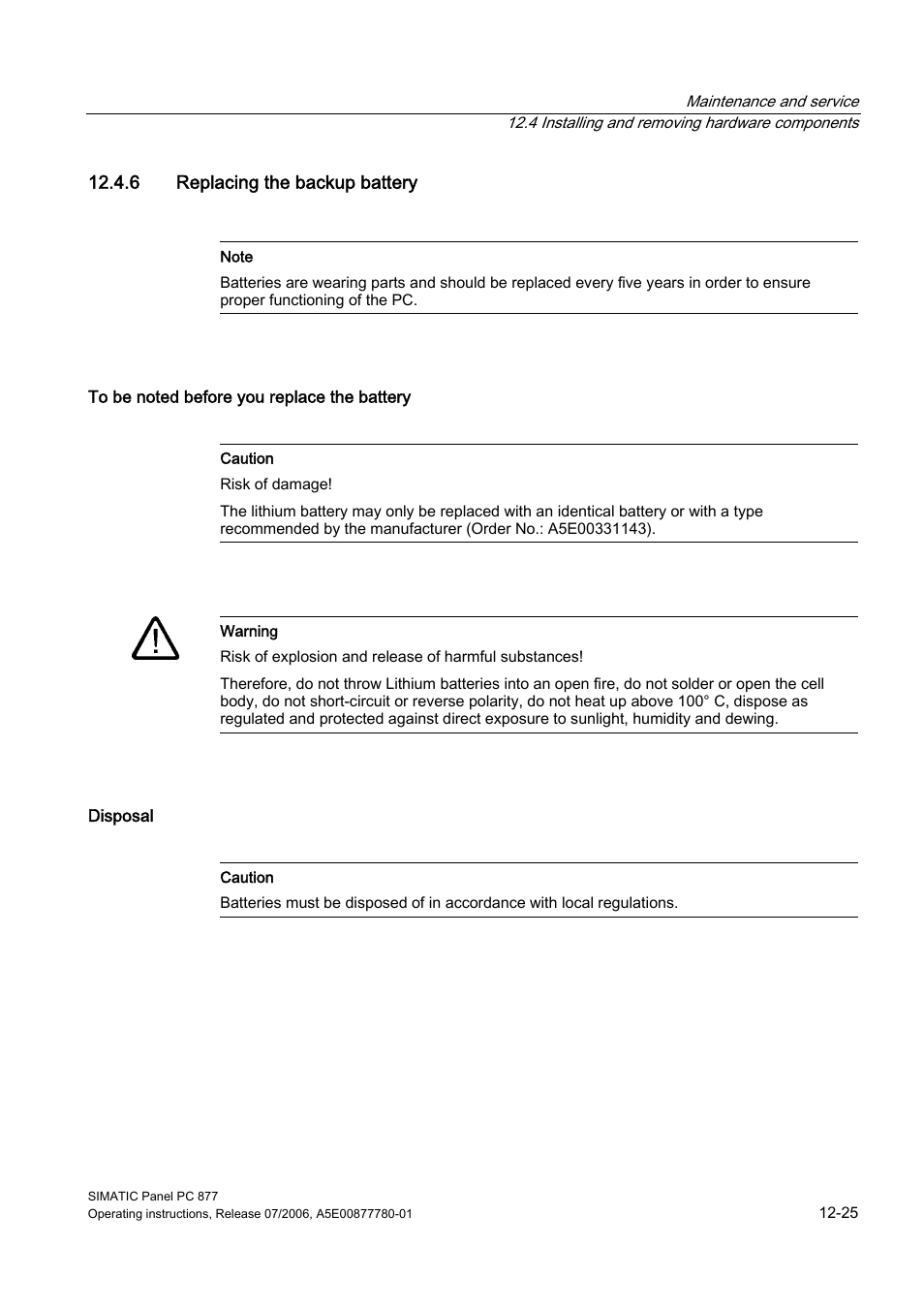 6 replacing the backup battery | Siemens SIMATIC PANEL PC 877 User Manual | Page 139 / 288