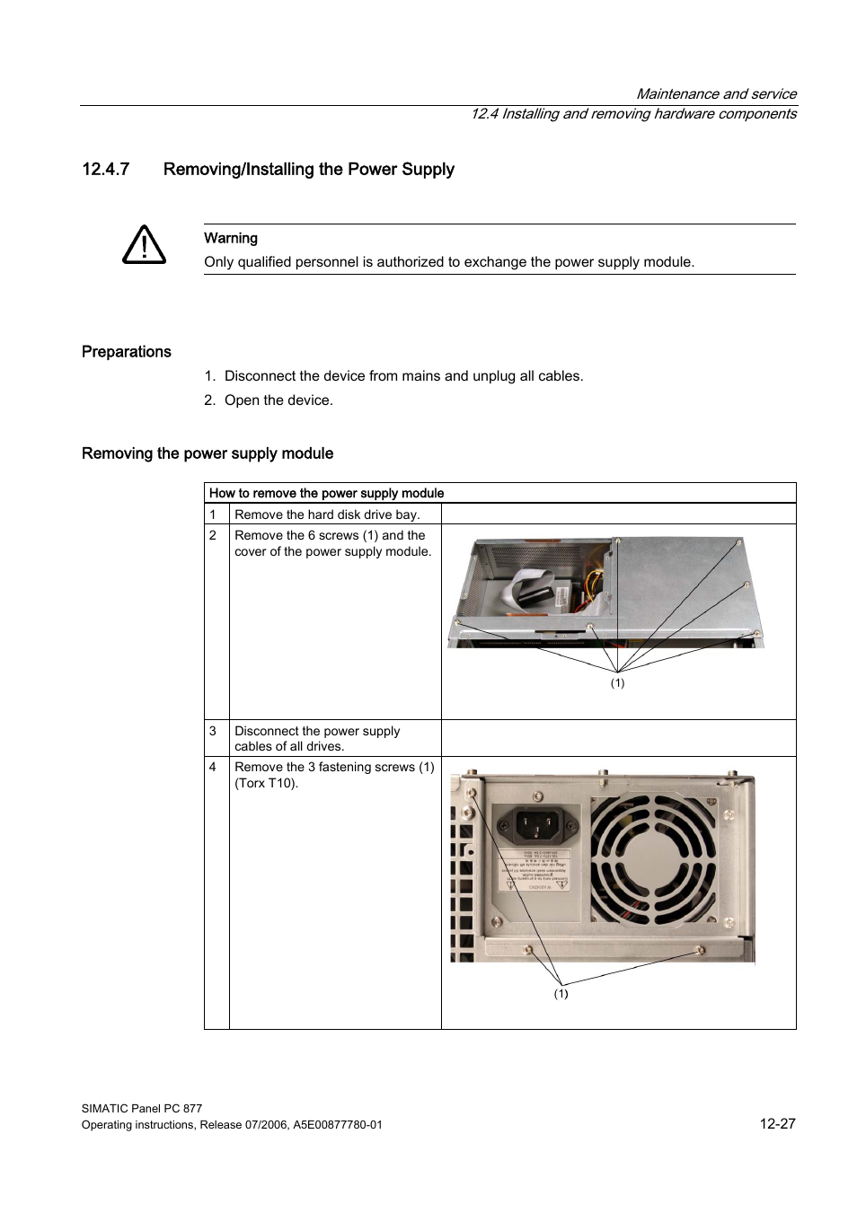 7 removing/installing the power supply | Siemens SIMATIC PANEL PC 877 User Manual | Page 141 / 288