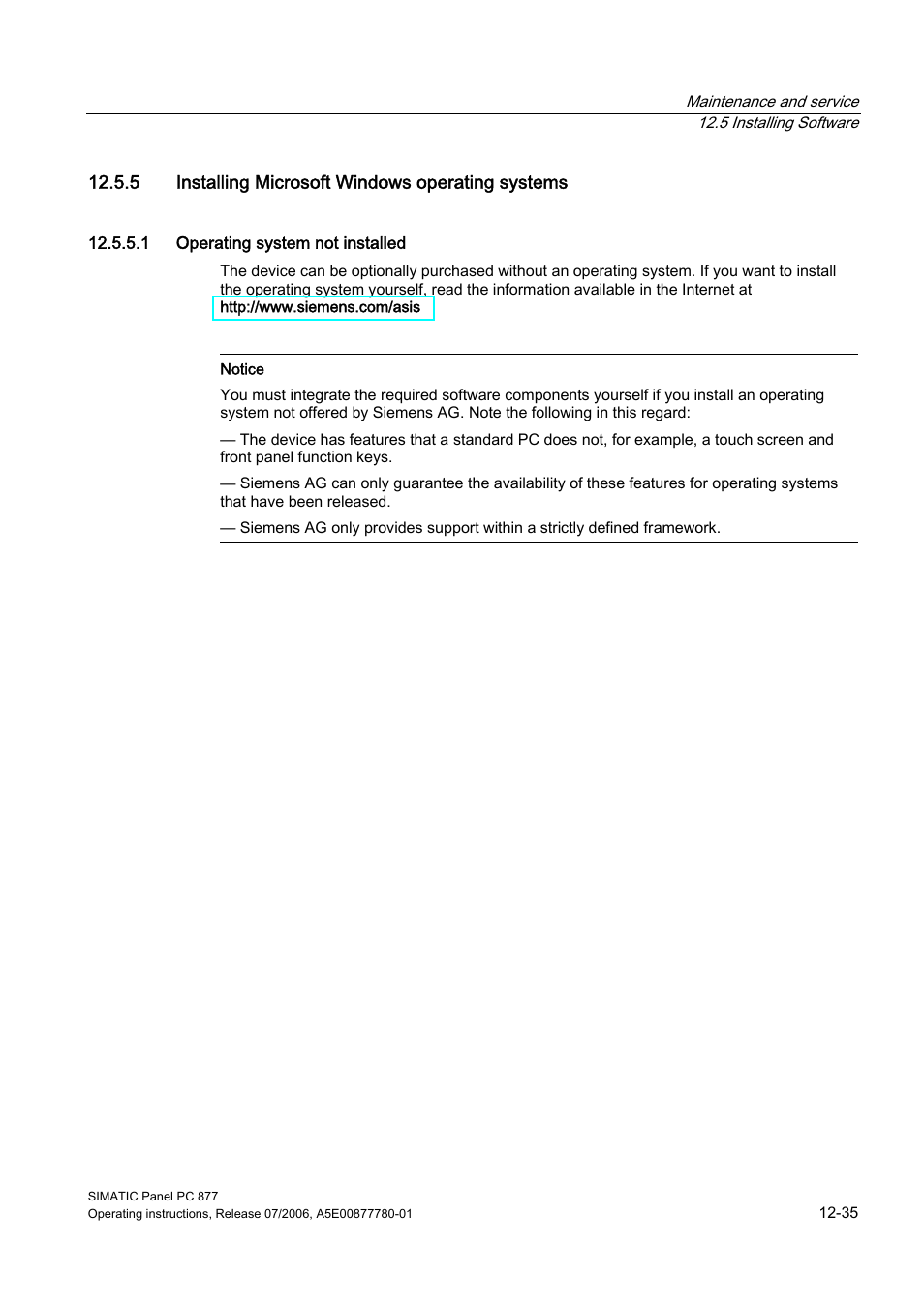 5 installing microsoft windows operating systems, 1 operating system not installed | Siemens SIMATIC PANEL PC 877 User Manual | Page 149 / 288