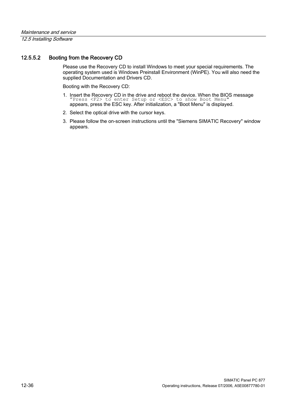 2 booting from the recovery cd | Siemens SIMATIC PANEL PC 877 User Manual | Page 150 / 288