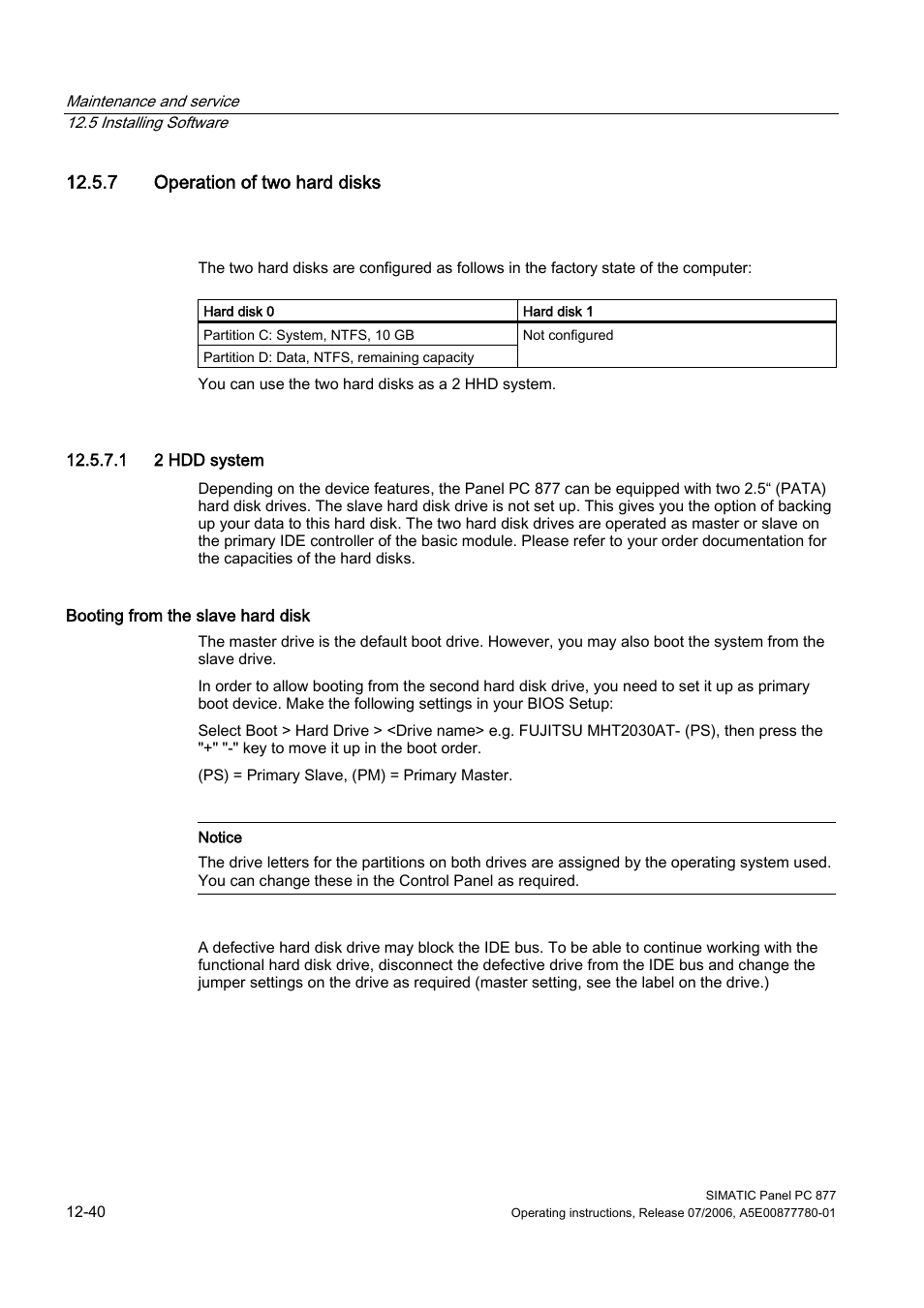 7 operation of two hard disks, 1 2 hdd system | Siemens SIMATIC PANEL PC 877 User Manual | Page 154 / 288