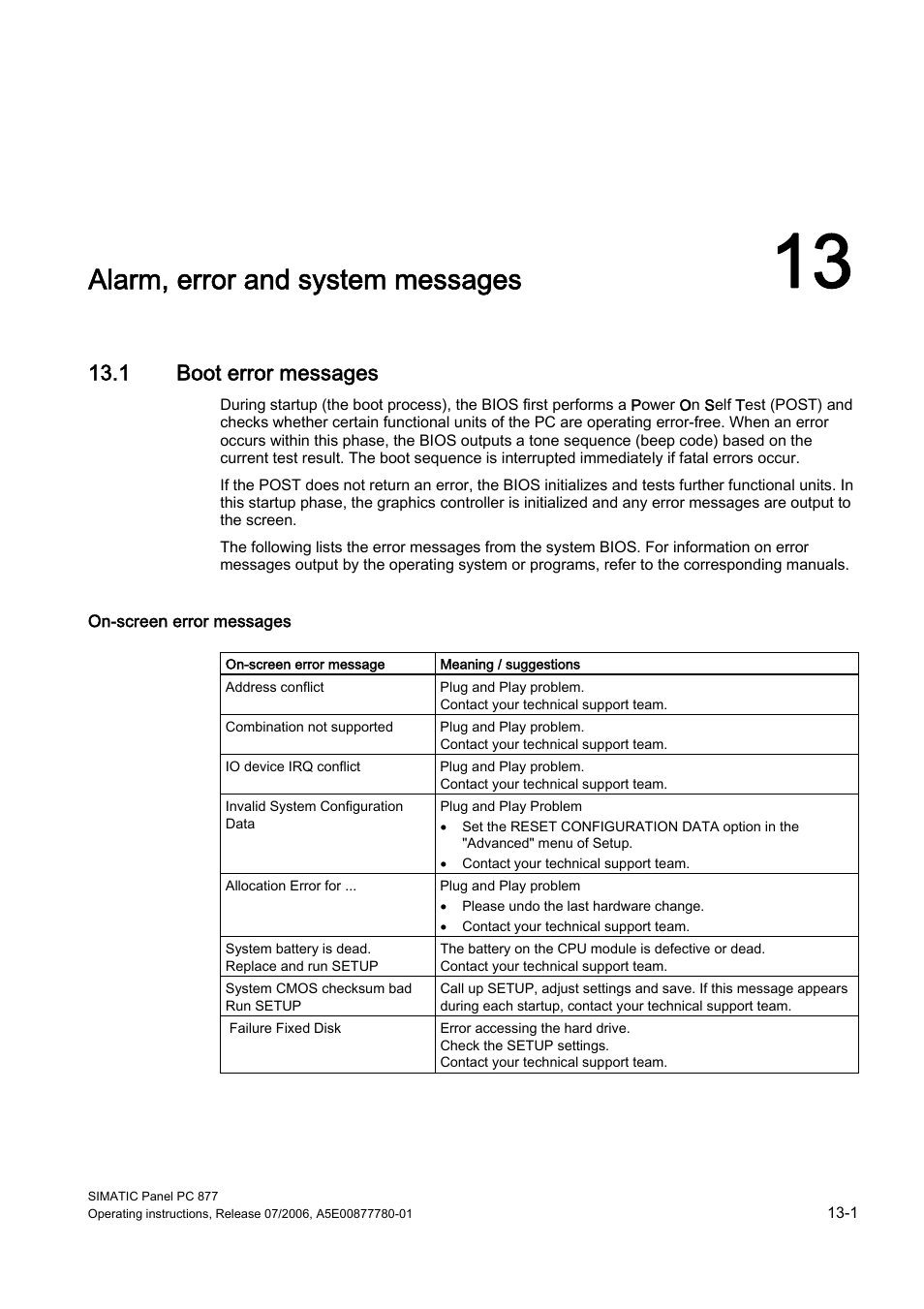 13 alarm, error and system messages, 1 boot error messages, Alarm, error and system messages | Boot error messages | Siemens SIMATIC PANEL PC 877 User Manual | Page 161 / 288