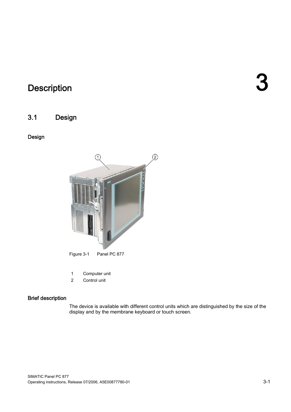 3 description, 1 design, Description | Siemens SIMATIC PANEL PC 877 User Manual | Page 19 / 288