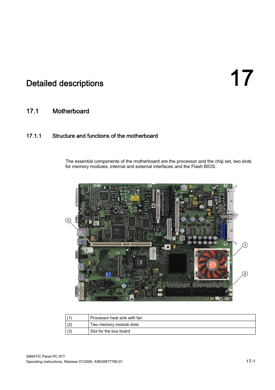 17 detailed descriptions, 1 motherboard, 1 structure and functions of the motherboard | Detailed descriptions | Siemens SIMATIC PANEL PC 877 User Manual | Page 193 / 288