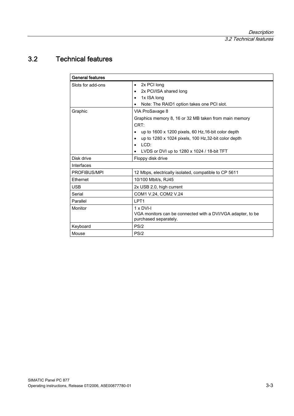 2 technical features, Technical features | Siemens SIMATIC PANEL PC 877 User Manual | Page 21 / 288