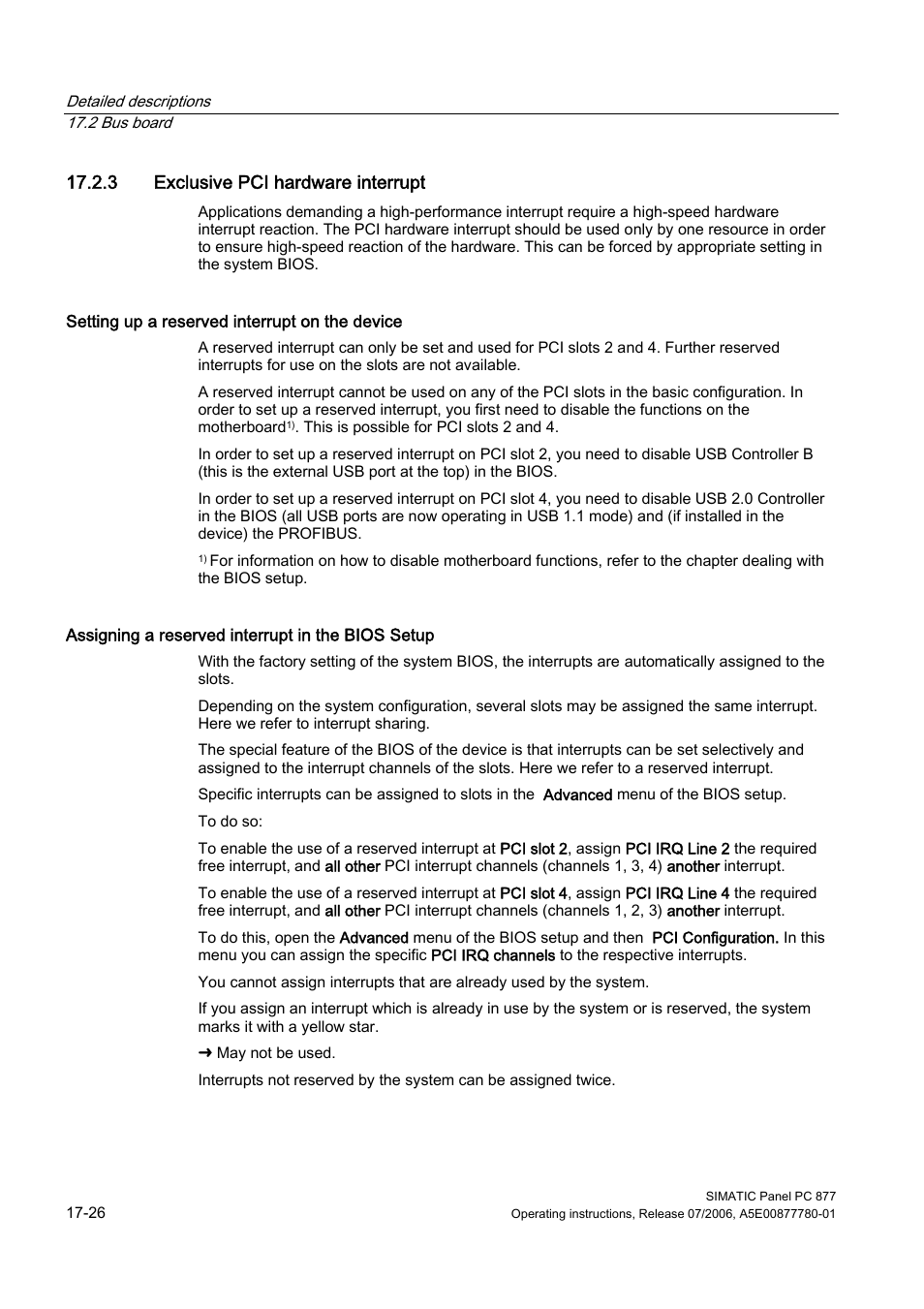 3 exclusive pci hardware interrupt | Siemens SIMATIC PANEL PC 877 User Manual | Page 218 / 288