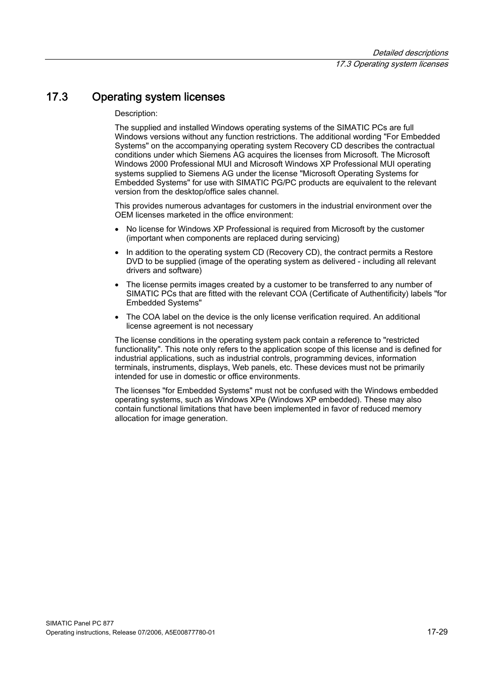 3 operating system licenses, Operating system licenses | Siemens SIMATIC PANEL PC 877 User Manual | Page 221 / 288