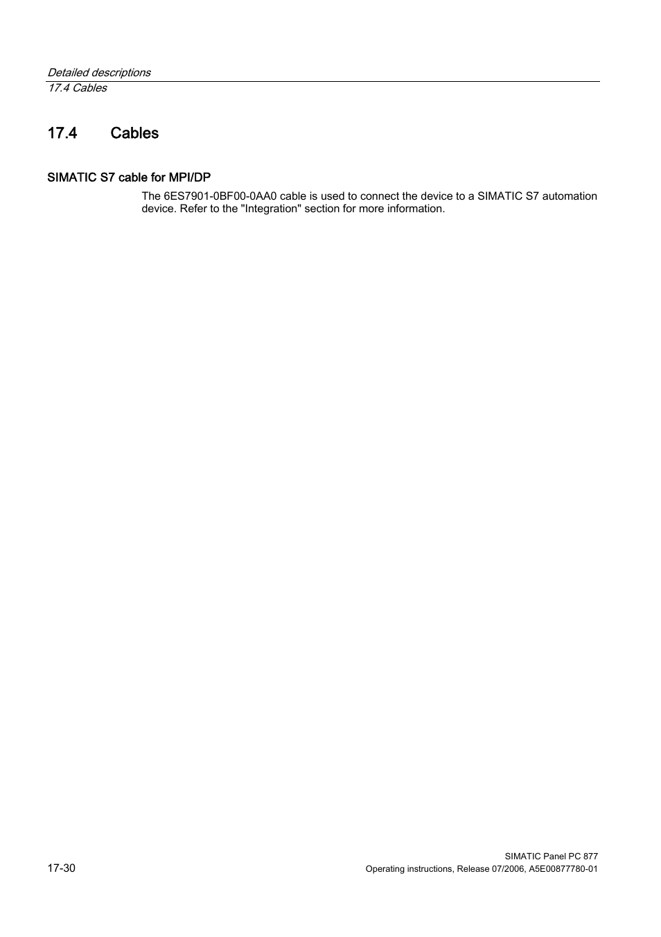 4 cables, Cables | Siemens SIMATIC PANEL PC 877 User Manual | Page 222 / 288