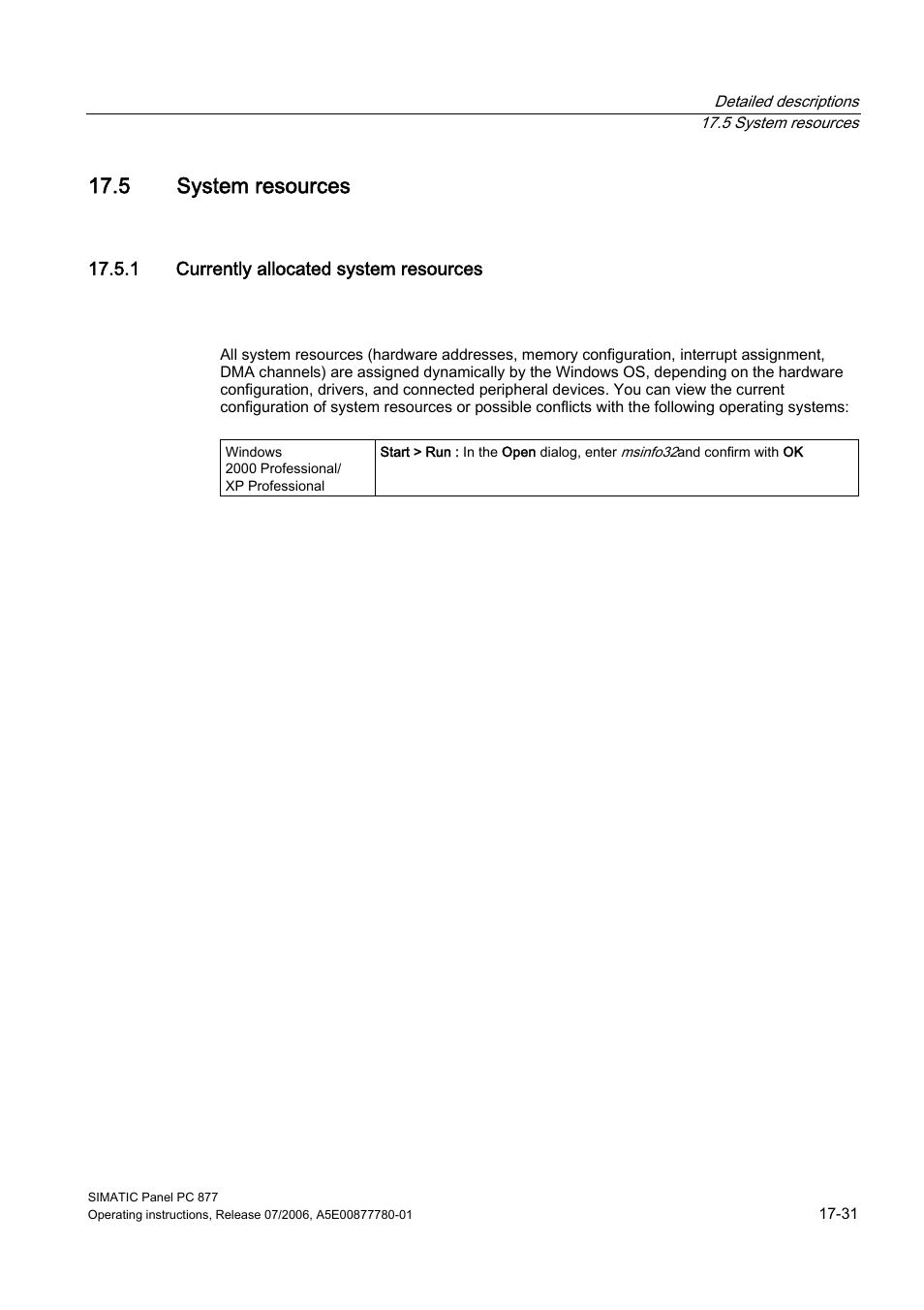 5 system resources, 1 currently allocated system resources, System resources | Siemens SIMATIC PANEL PC 877 User Manual | Page 223 / 288