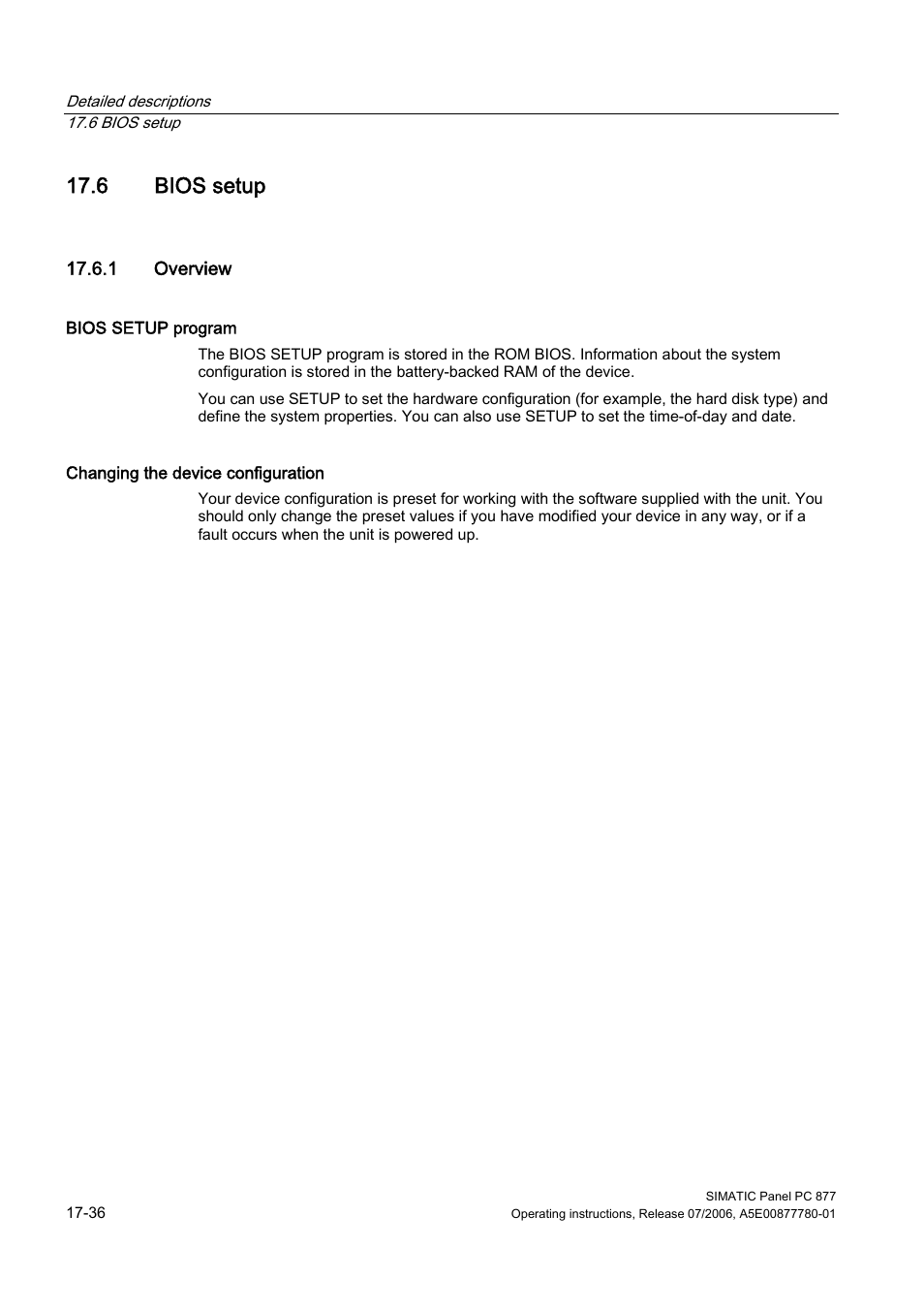 6 bios setup, 1 overview, Bios setup | Siemens SIMATIC PANEL PC 877 User Manual | Page 228 / 288