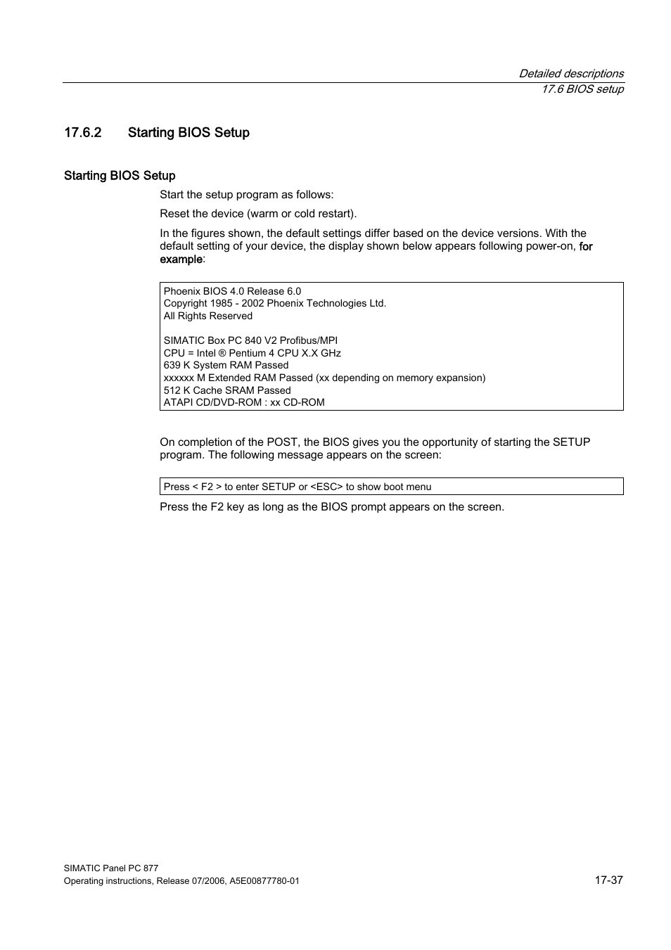 2 starting bios setup | Siemens SIMATIC PANEL PC 877 User Manual | Page 229 / 288