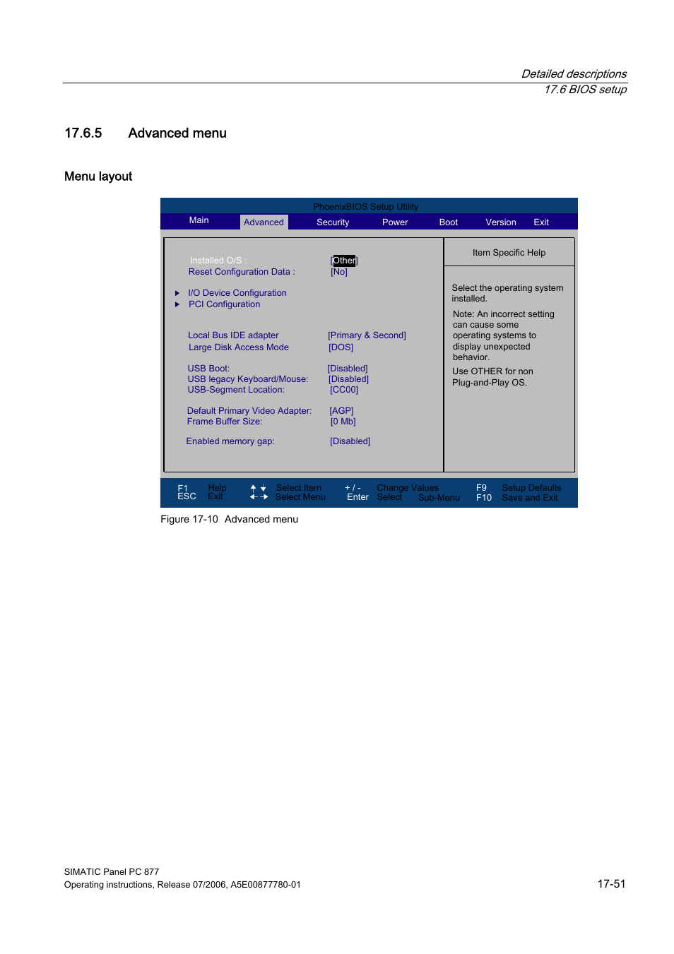 5 advanced menu, Menu layout | Siemens SIMATIC PANEL PC 877 User Manual | Page 243 / 288