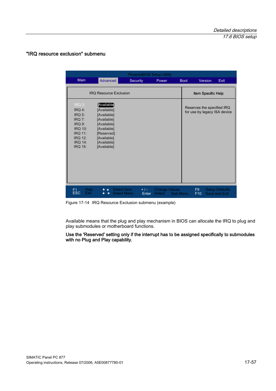 Irq resource exclusion" submenu | Siemens SIMATIC PANEL PC 877 User Manual | Page 249 / 288