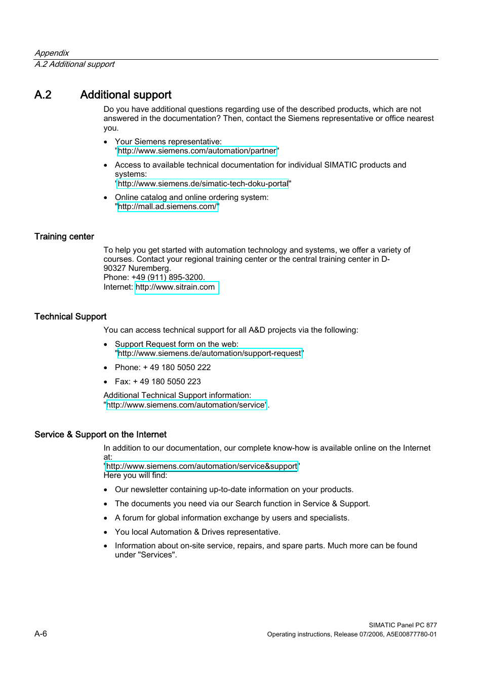 A.2 additional support, Additional support | Siemens SIMATIC PANEL PC 877 User Manual | Page 266 / 288