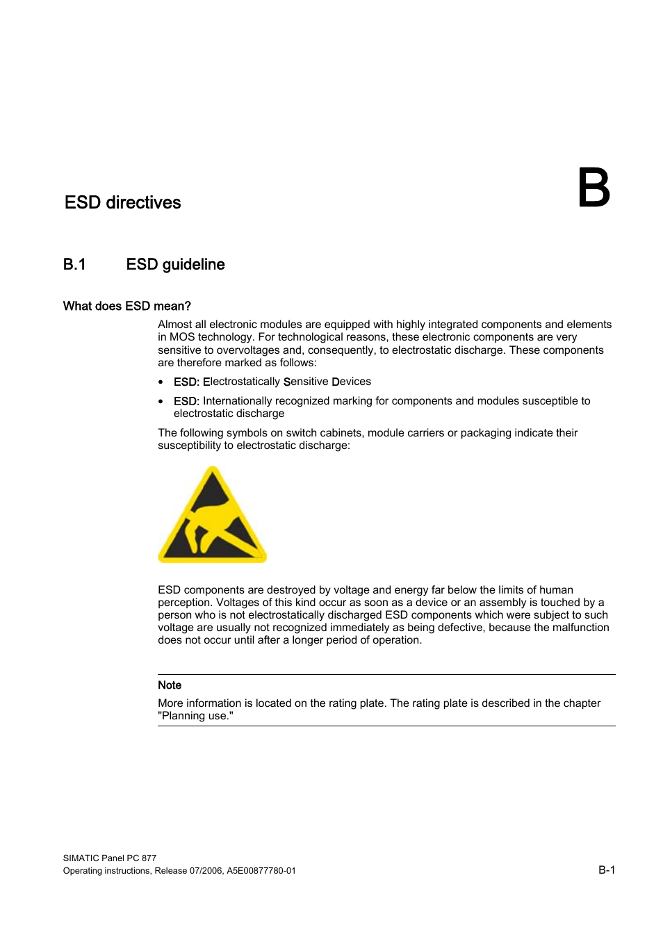 B esd directives, B.1 esd guideline, Esd directives | Esd guideline | Siemens SIMATIC PANEL PC 877 User Manual | Page 267 / 288