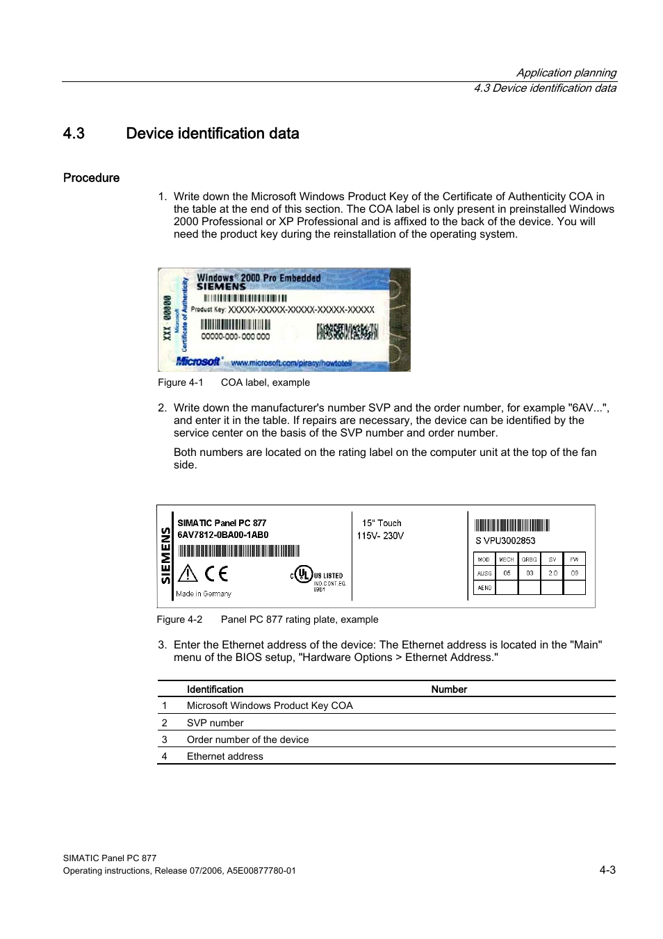 3 device identification data, Device identification data | Siemens SIMATIC PANEL PC 877 User Manual | Page 27 / 288