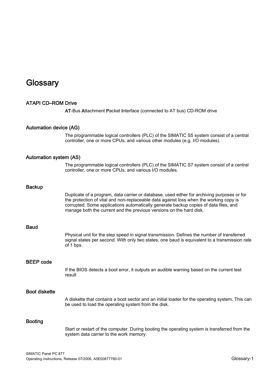 Glossary, Glossary-1 | Siemens SIMATIC PANEL PC 877 User Manual | Page 271 / 288