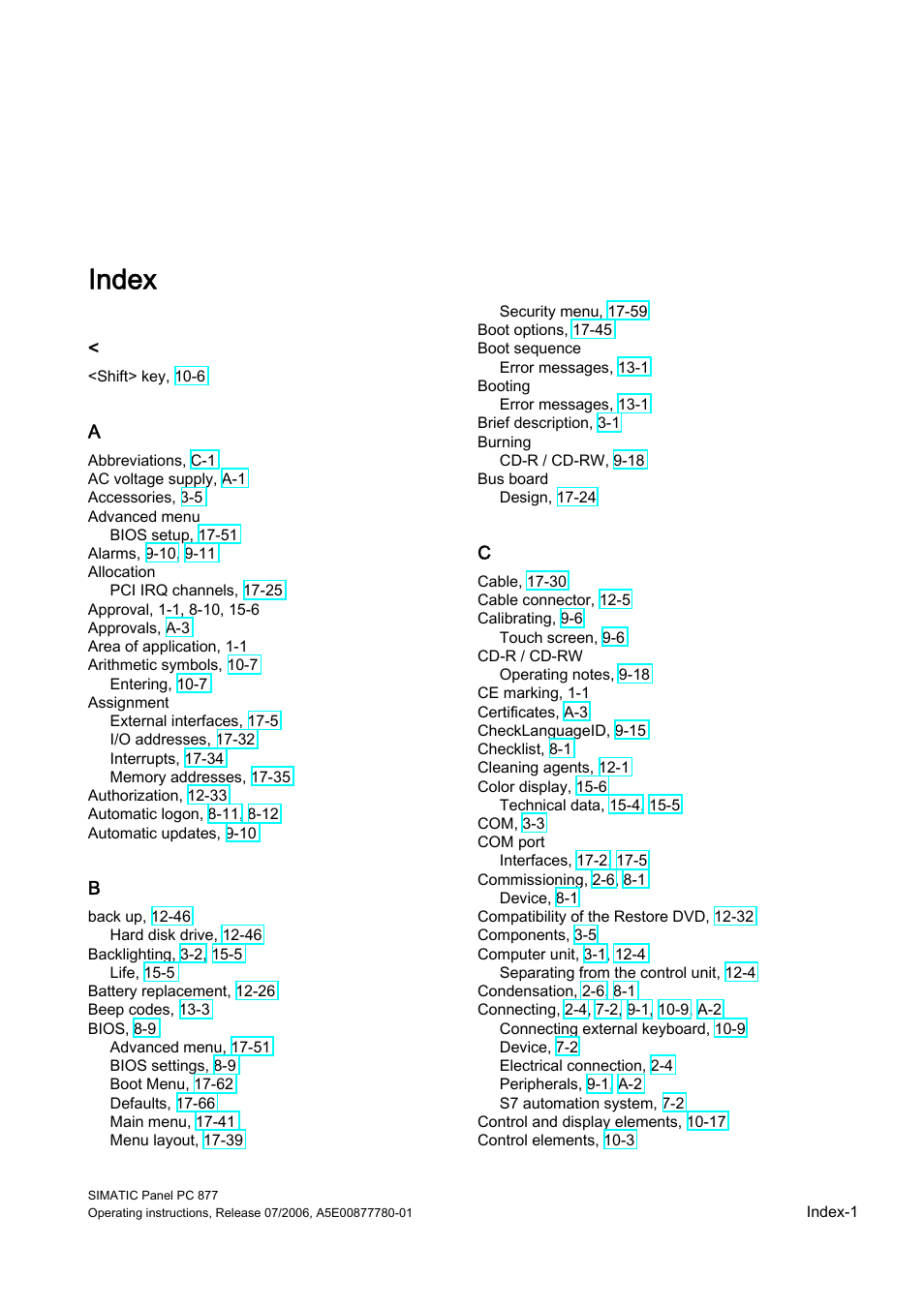 Index, Index-1 | Siemens SIMATIC PANEL PC 877 User Manual | Page 281 / 288