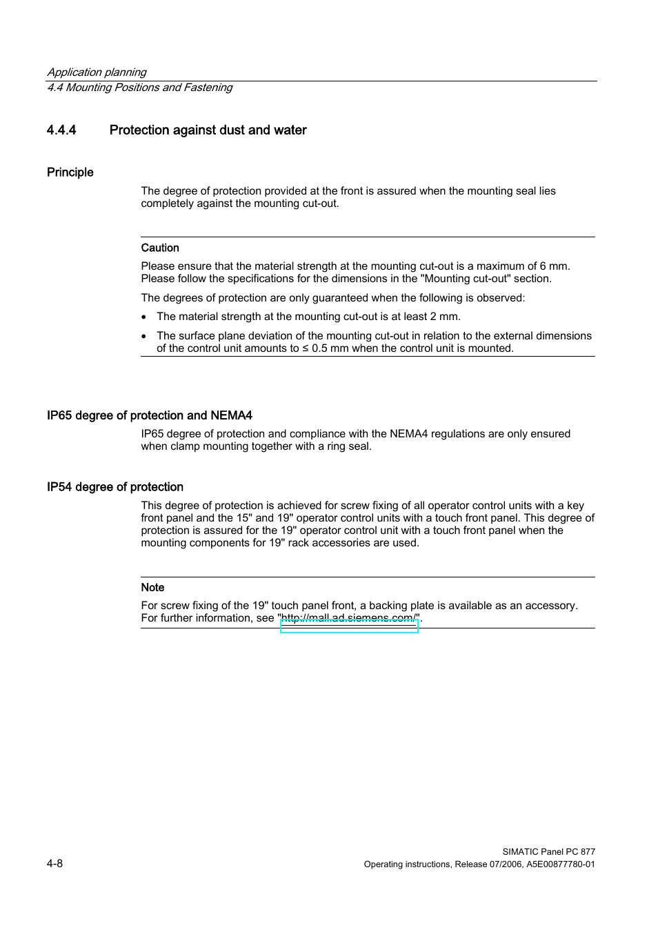 4 protection against dust and water | Siemens SIMATIC PANEL PC 877 User Manual | Page 32 / 288