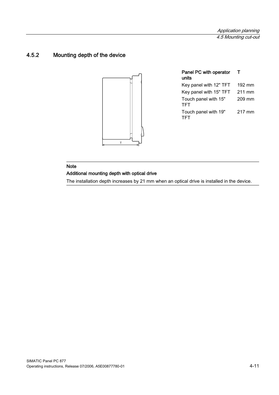 2 mounting depth of the device | Siemens SIMATIC PANEL PC 877 User Manual | Page 35 / 288