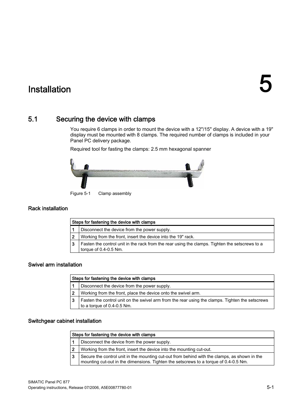5 installation, 1 securing the device with clamps, Installation | Siemens SIMATIC PANEL PC 877 User Manual | Page 37 / 288