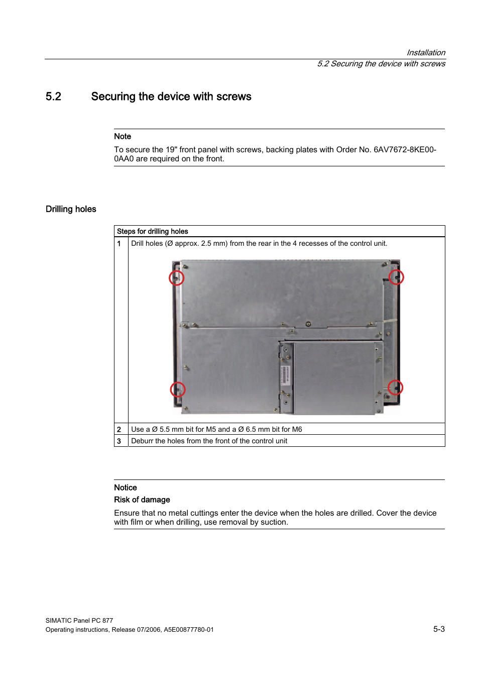 2 securing the device with screws, Securing the device with screws | Siemens SIMATIC PANEL PC 877 User Manual | Page 39 / 288