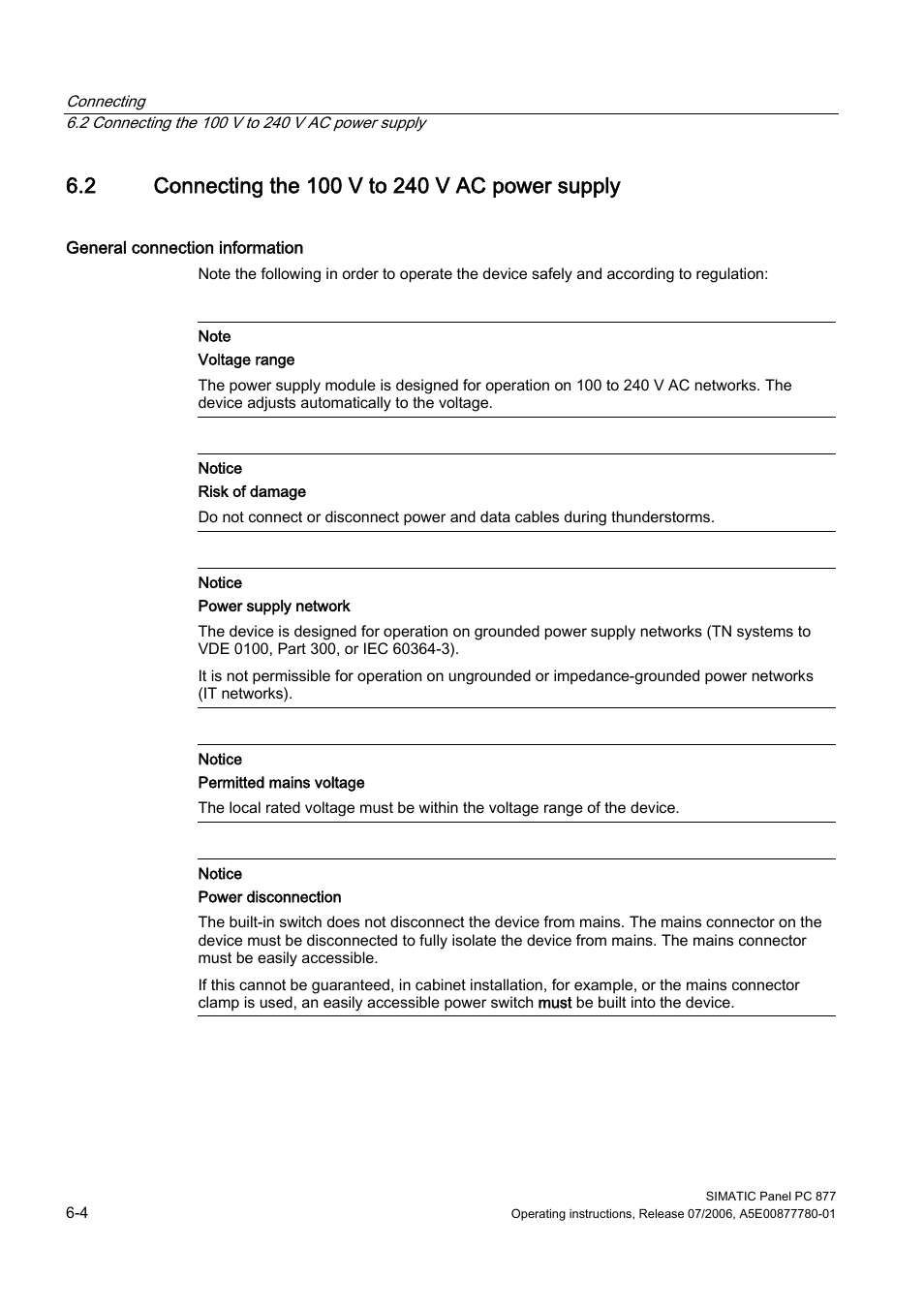 2 connecting the 100 v to 240 v ac power supply | Siemens SIMATIC PANEL PC 877 User Manual | Page 46 / 288