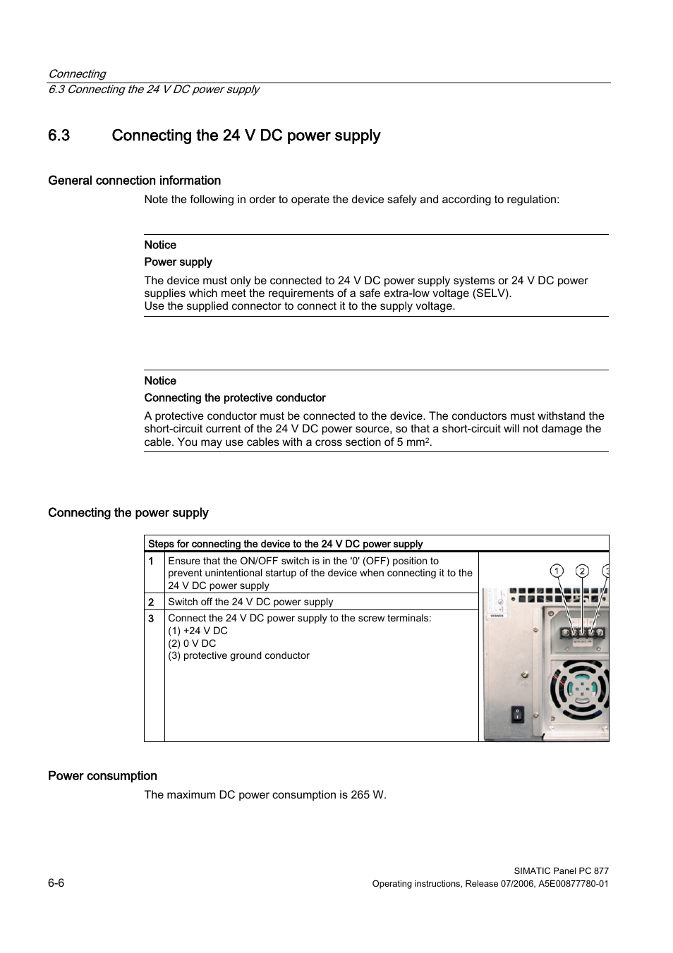 3 connecting the 24 v dc power supply, Connecting the 24 v dc power supply | Siemens SIMATIC PANEL PC 877 User Manual | Page 48 / 288