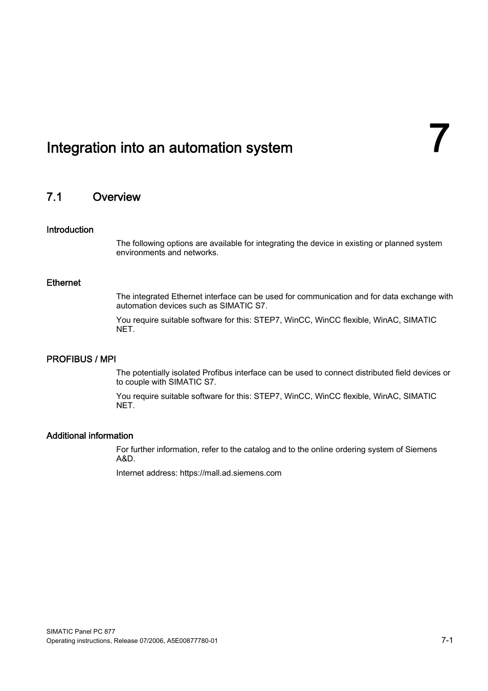 7 integration into an automation system, 1 overview, Integration into an automation system | Siemens SIMATIC PANEL PC 877 User Manual | Page 51 / 288