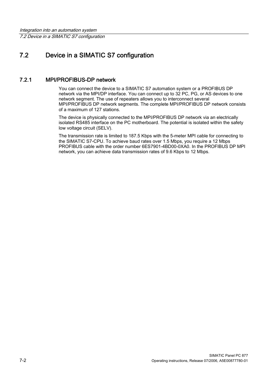 2 device in a simatic s7 configuration, 1 mpi/profibus-dp network, Device in a simatic s7 configuration | Siemens SIMATIC PANEL PC 877 User Manual | Page 52 / 288