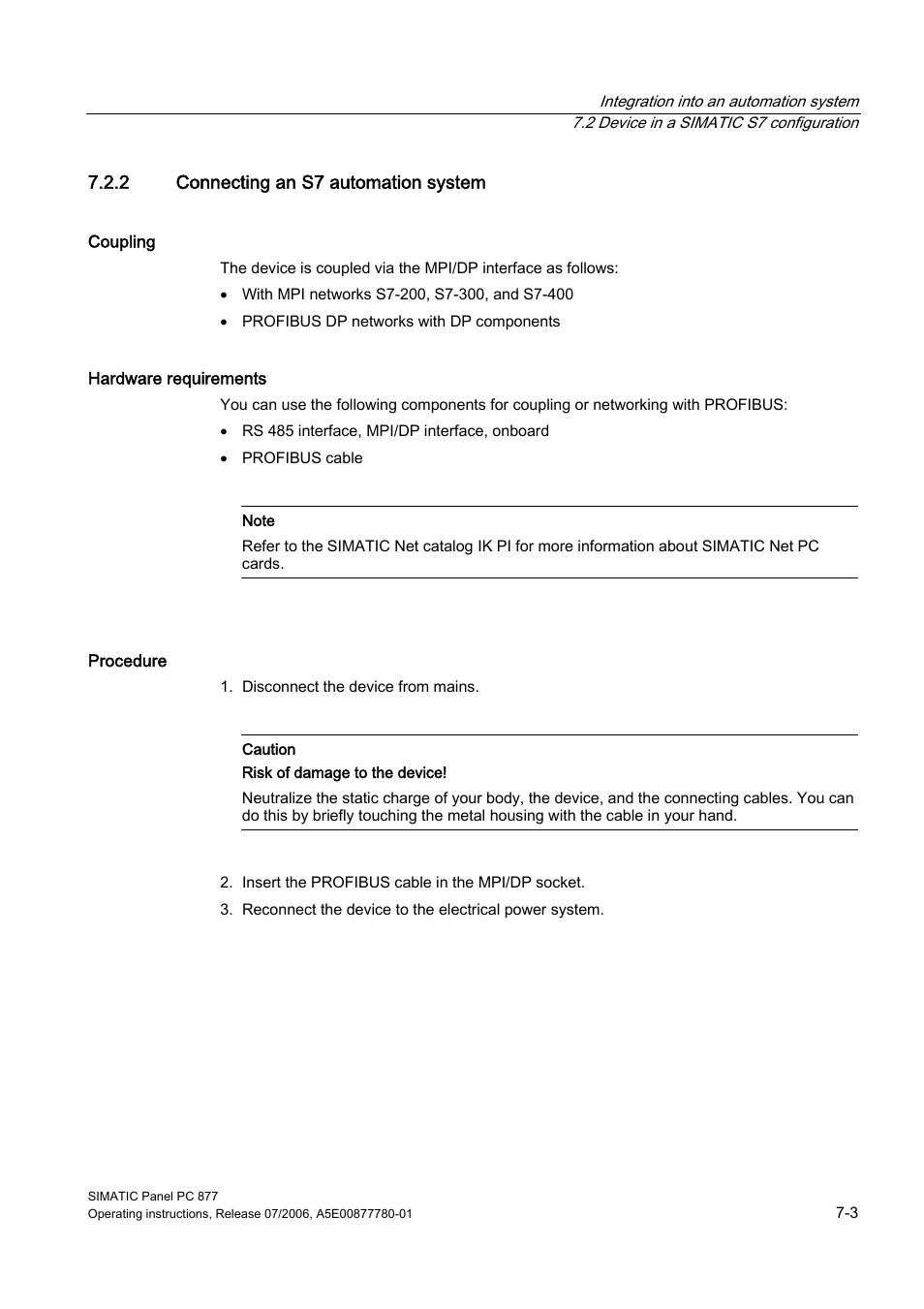 2 connecting an s7 automation system | Siemens SIMATIC PANEL PC 877 User Manual | Page 53 / 288